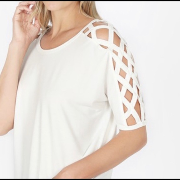 NeW Zenana Premium Ivory butter Soft Lattice Sleeves Blouse - Picture 3 of 5